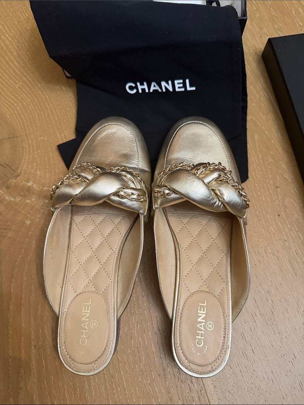 CHANEL Gold Braided Chain Slip-On Mules